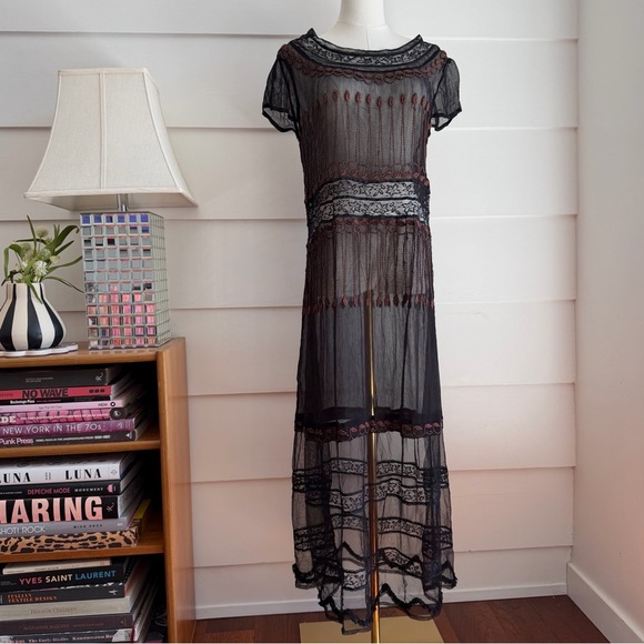 Free People Dresses & Skirts - Free People Black Sheer Embroidered Dress with Lace 20s Inspired